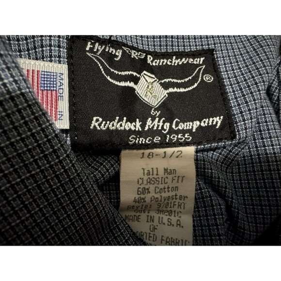 Flying R Ranchwear Shirt Mens Tall 18.5 Blue Mini Plaid SS Pearl Snap Cowboy Vtg - Picture 5 of 5